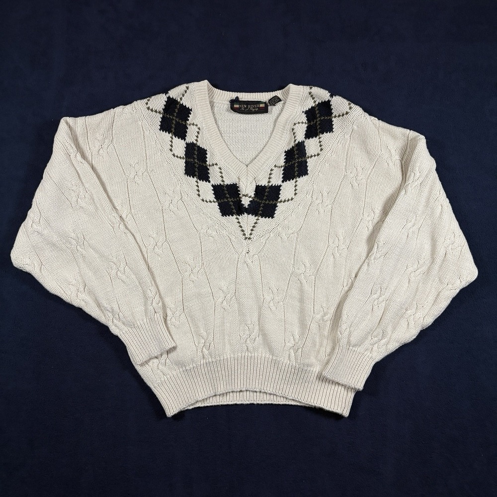 Vintage 90s New River J Riggins Argyle Cable Knit V Neck Sweater Mens M Cream